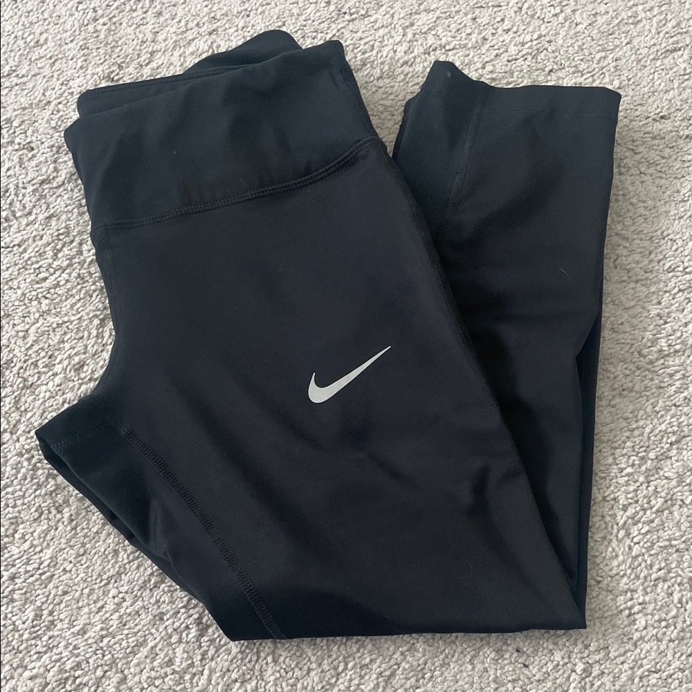 Nike Dri Fit Cropped Black Leggings with Silver Logo